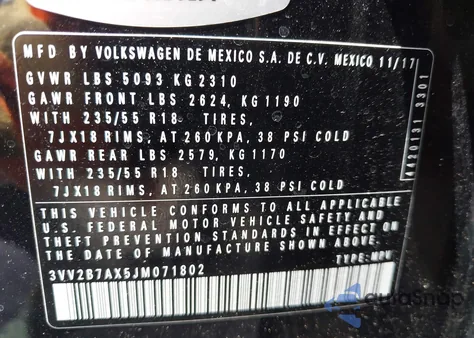 2018 Volkswagen Tiguan 2.0T Se/2.0T Sel from USA, damaged, VIN 3VV2B7AX5JM071802